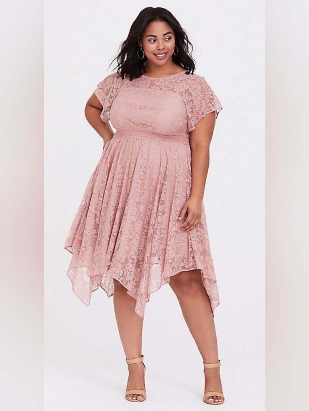 Torrid Midi Lace Flutter Sleeve Handkerchief Dress In Dusty Pink, BNWT, Size 2X